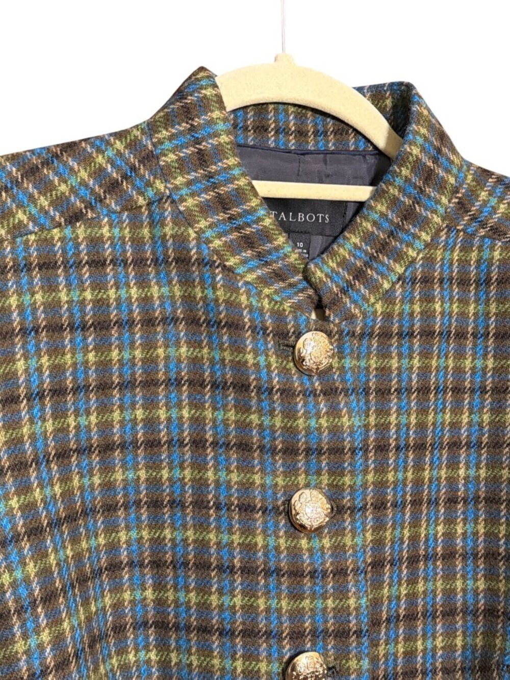 Talbots Shetland Officer Jacket Green Apple Plaid Gold Buttons Wool Blend Sz 10 - Picture 3 of 5
